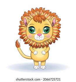 Cartoon lion with expressive eyes. Wild animals, character, childish cute style.