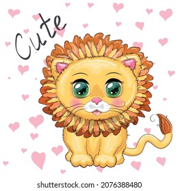 Cartoon lion with expressive eyes. Wild animals, character, childish cute style.