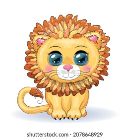 Cartoon lion with expressive eyes. Wild animals, character, childish cute style.