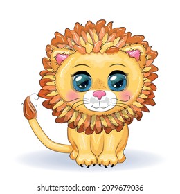 Cartoon lion with expressive eyes. Wild animals, character, childish cute style.