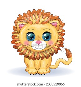 Cartoon lion with expressive eyes. Wild animals, character, childish cute style.