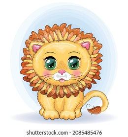 Cartoon lion with expressive eyes. Wild animals, character, childish cute style.