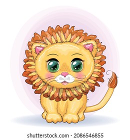 Cartoon lion with expressive eyes. Wild animals, character, childish cute style.