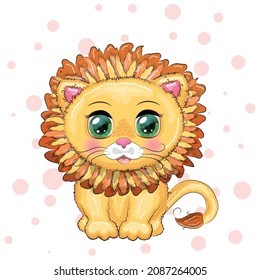 Cartoon lion with expressive eyes. Wild animals, character, childish cute style.