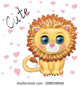 Cartoon lion with expressive eyes. Wild animals, character, childish cute style.