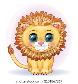 Cartoon lion with expressive eyes. Wild animals, character, childish cute style.