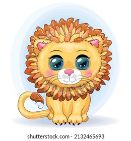 Cartoon lion with expressive eyes. Wild animals, character, childish cute style.