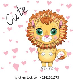 Cartoon lion with expressive eyes. Wild animals, character, childish cute style.