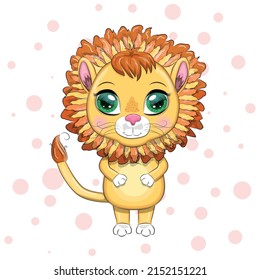 Cartoon lion with expressive eyes. Wild animals, character, childish cute style.