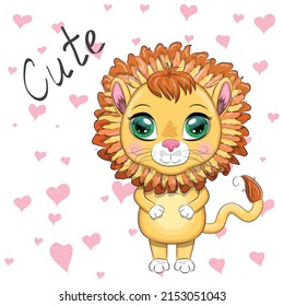 Cartoon lion with expressive eyes. Wild animals, character, childish cute style.