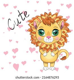 Cartoon lion with expressive eyes. Wild animals, character, childish cute style.