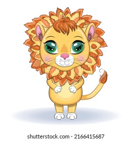 Cartoon lion with expressive eyes. Wild animals, character, childish cute style.