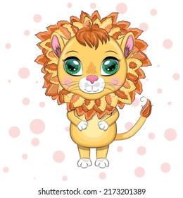 Cartoon lion with expressive eyes. Wild animals, character, childish cute style.