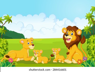 Cartoon Lion Family 
