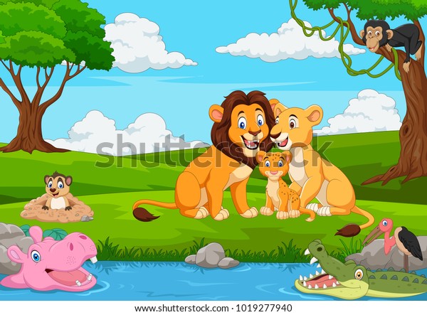 Cartoon lion family in the jungle.