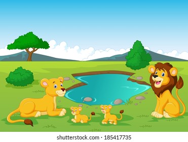 Cartoon lion family near watering hole