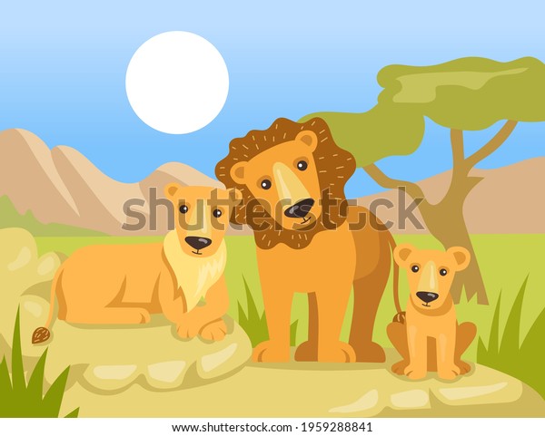 Cartoon lion family under African sun flat vector\
illustration. Colorful mother lioness, father lion and their kid\
sitting in savanna. Lion pride, family, wild animal, nature,\
Africa, safari concept