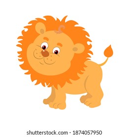 Cartoon lion in flat style isolated on white background. Vector illustration for children. A cute and cheerful animal.