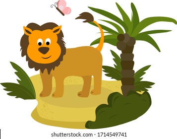 cartoon lion in flat style on landscape. Vector illustration