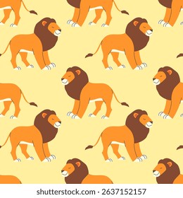 Cartoon lion in flat style seamless pattern