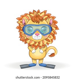 Cartoon lion in flippers, swimming circle, hat, glasses. Character with beautiful eyes, childish. Summer vacation concept