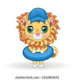 Cartoon lion in flippers, swimming circle, hat, glasses. Character with beautiful eyes, childish. Summer vacation concept