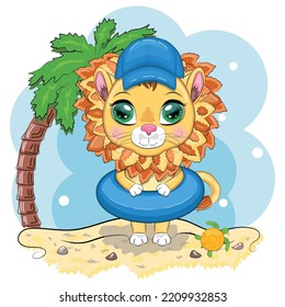 Cartoon lion in flippers, swimming circle, hat, glasses. Character with beautiful eyes, childish. Summer vacation concept