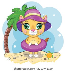 Cartoon lion in flippers, swimming circle, hat, glasses. Character with beautiful eyes, childish. Summer vacation concept