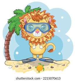 Cartoon lion in flippers, swimming circle, hat, glasses. Character with beautiful eyes, childish. Summer vacation concept