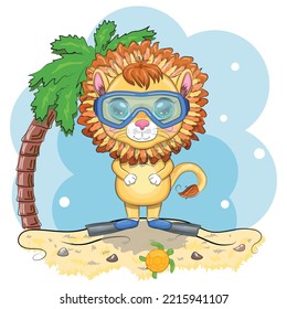 Cartoon lion in flippers, swimming circle, hat, glasses. Character with beautiful eyes, childish. Summer vacation concept