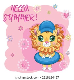 Cartoon lion in flippers, swimming circle, hat, glasses. Character with beautiful eyes, childish. Summer vacation concept