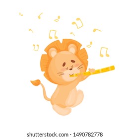 Cartoon lion with flute. Vector illustration on a white background.
