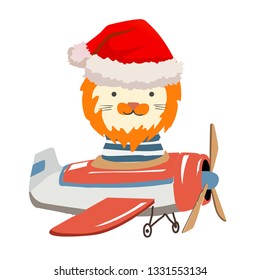 Cartoon lion fly on a airplane. Image for children clothes, postcards.