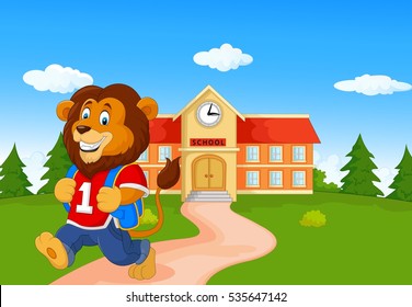 Cartoon lion in front of school
