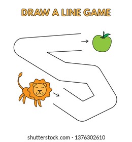 Cartoon lion game for small children - draw a line. Vector design for kids education