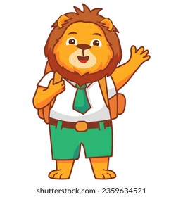 Cartoon lion going to school.A joyful cute lion cub in a school uniform with bag .Kid kawaii tropical animal go to school.Animalistic childish character.Cute animal student happily waving his hand.