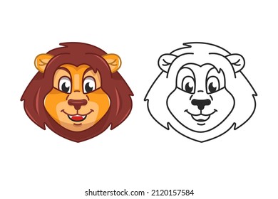 Cartoon lion head in color and line. Coloring book for kids