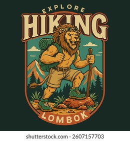 Cartoon lion is hiking in the mountains with backpack and walking stick Great for adventure and outdoor travel designs.