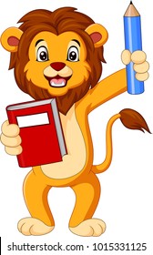 Cartoon lion holding book and pencil