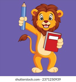 Cartoon lion holding book and pencil character design illustration