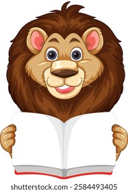A cartoon lion holding an open book