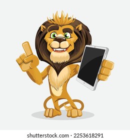 Cartoon lion holding smartphone and showing thumbs up.