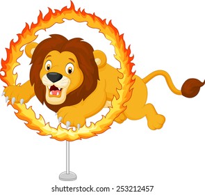 Cartoon lion jumps through ring of fire