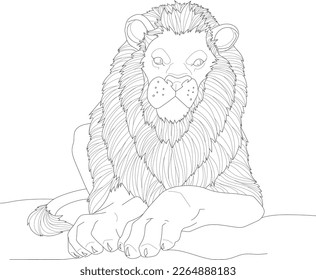 Cartoon lion laying in african savannah graphic sketch template. Vector illustration for children in black and white for games, background, pattern, decor. Coloring paper, page, story book, print