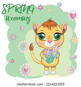 Cartoon lion, lioness with expressive eyes with flowers. Spring postcard, 8 March, mother's day. Wild animals, character, childish cute style