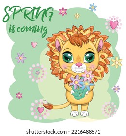 Cartoon lion, lioness with expressive eyes with flowers. Spring postcard, 8 March, mother's day. Wild animals, character, childish cute style