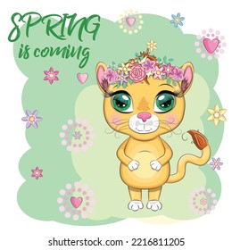 Cartoon lion, lioness with expressive eyes with flowers. Spring postcard, 8 March, mother's day. Wild animals, character, childish cute style