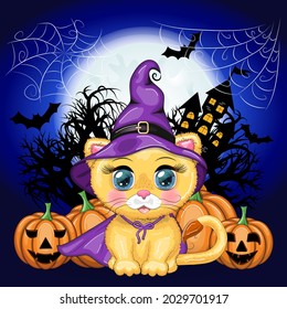 Cartoon lion, lioness in a purple witch's hat and cloak with pumpkins, against the backdrop of a cobweb, castle, moon and trees. Halloween poster