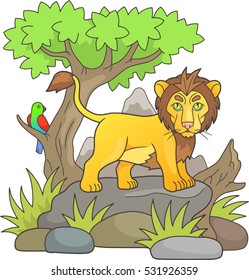 cartoon lion looks around the savannah standing on a rock