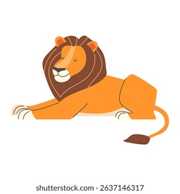 Cartoon lion lying down, resting. Illustration in flat style on a light background